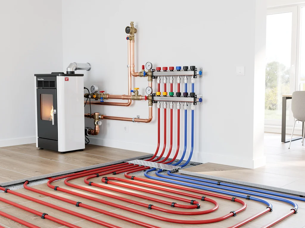Raccordement d'un poêle à granulés hydro sur un plancher chauffant